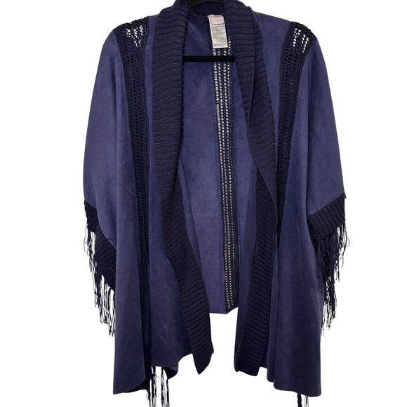 Chico's Cardigan Faux Suede Fringe Poncho Kimono Navy Blue One Size S M L XL XXL - Picture 1 of 5